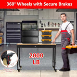 60" Adjustable Workbench with Power Outlet, Heavy Duty 2000 LBS Load Solid Hardwood Garage Work Table for Workshop, Office, Garage, Home with Wheels EcoSummer