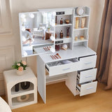 Teousev Vanity Desk with Lighting and Mirror,Small Vanity with 4 Drawers 6 Storage Shelves 3 Lighting Colors for Gilrs Vanity,White,31.5" L*14.2" W*51.2" H Teousev