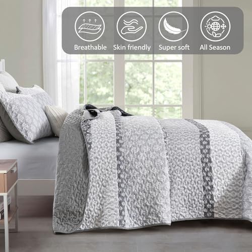 Boho Quilt Set Queen Size Gray Farmhouse Quilt Bedding Set Striped Lightweight Summer Bedspread Coverlet Bedding Set 96"x90" (3 Pieces) Cottolester