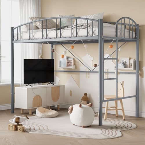 Garvee Loft Bed Twin Size with Ladde and Arched Guardrail, Heavy Duty Metal Loft Bed Frame for Kids and Adults, Sturdy Steel Slats Support, Small Space Saving Design, No Box Spring Needed, Gray Garvee