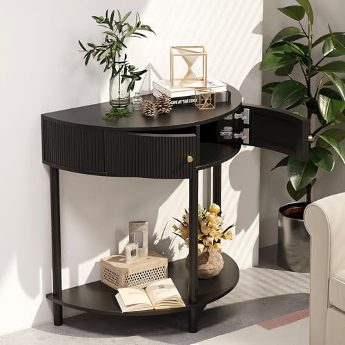 Trironsun Fluted Half Moon Console Table 2 Tier Narrow Entryway Table with Storage for Small Space Modern Wood Sofa Table with Doors and Gold Knobs Boho Home Decor Trironsun