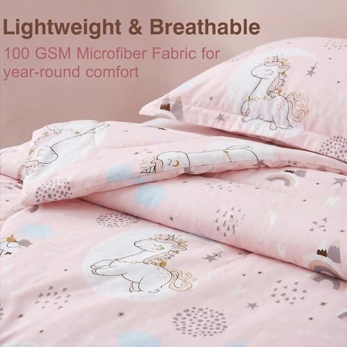 JSD Pink Unicorn Kids Comforter Set Twin Size, 2 Piece Girls Rainbow Microfiber Comforter with Pillow Sham, Lightweight All Season Washable JSD