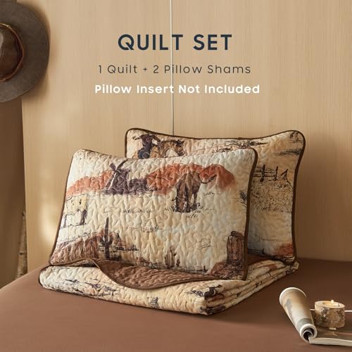 Wake In Cloud - Western Quilt Set, Rustic Ranch Life with Cowboy Southwestern Vintage Country Pattern Printed, Reversible Lightweight Bedspread Coverlet, 3 Pieces, Ochre Brown, Twin/Twin XL Size Wake In Cloud