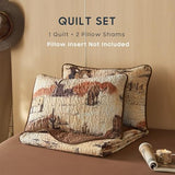 Wake In Cloud - Western Quilt Set, Rustic Ranch Life with Cowboy Southwestern Vintage Country Pattern Printed, Reversible Lightweight Bedspread Coverlet, 3 Pieces, Ochre Brown, Twin/Twin XL Size Wake In Cloud