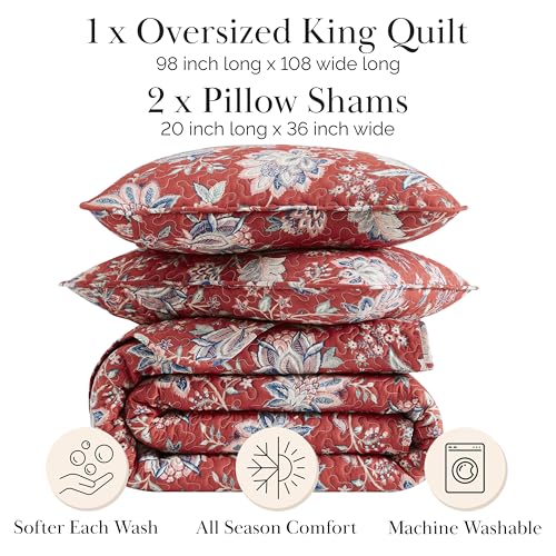 Southshore Fine Living, Inc. Oversized King Quilt Bedding Set, Jacobean Willow Floral Quilt Set with 2 Matching Pillow Shams, Lightweight California King Bed Spread, Soft Microfiber Fabric, Red Southshore Fine Living, Inc.
