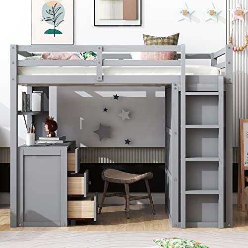 Merax Twin Size Loft Bed with Storage Drawers, Desk and Wardrobe, Wooden Loft Bed Frame with Guardrails, No Box Spring Needed, Gray Merax