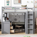 Merax Twin Size Loft Bed with Storage Drawers, Desk and Wardrobe, Wooden Loft Bed Frame with Guardrails, No Box Spring Needed, Gray Merax