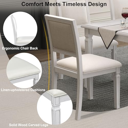 Merax Farmhouse Wooden Dining Set of 6, 72 Inch Extendable Kitchen Table, 4 Chairs w/Backrest, 2-Person Bench w/Cushion, Rustic Kitchen Table Set w/Distressed Finish & Carved Legs, Washed White Merax