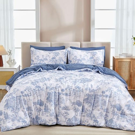 DJY Blue Comforter Set Twin Size,5 Pieces Botanical Comforters with Sheets Elegant Plants Print Soft Microfiber Reversible Complete Bedding Sets for All Season DJY