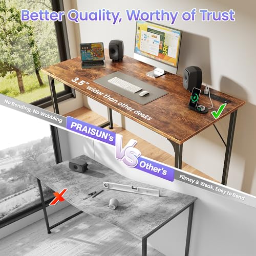 PRAISUN 47 X 20 Inch Office Computer Desk with Power Outlets and USB-C Port, Larger Gaming Desk, for Home Office, Study, Bedroom, Writing Work from Home Table, Metal Frame, Rustic Brown PRAISUN