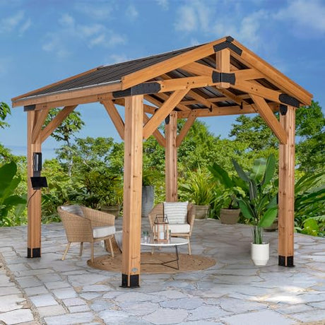 Backyard Discovery Norwood 10 x10 Cedar Wood Gazebo Pavilion, Thermal Insulated Hard Top Steel Roof, Durable, Supports Snow Loads and Wind Speed, Rot Resistant, Backyard, Deck, Garden, Patio Backyard Discovery