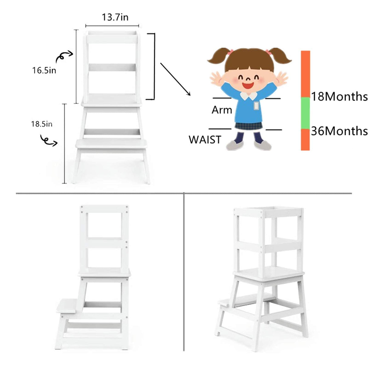 Popin Lover Kitchen Step Stool for Kids and Toddlers with Safety Rail, White Kids Step Stool Standing Tower Stool for Bathroom& Kitchen Popin Lover