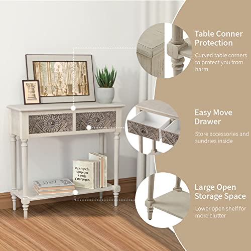 SUNBURY 31.5" W Vintage Console Table with 2 Drawers, Small Entryway Table with 2-Tier Storage Shelves,Beige Side Table for Living Room, Entryway SUNBURY