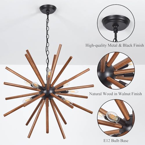 SHENGQINGTOP 9-Light Sputnik Chandeliers 26" Black Farmhouse Wood Pendant Lighting Industrial Globe Ceiling Hanging Light Fixture for Kitchen Dinging Room Living Room Bedroom Entryway Foyer SHENGQINGTOP