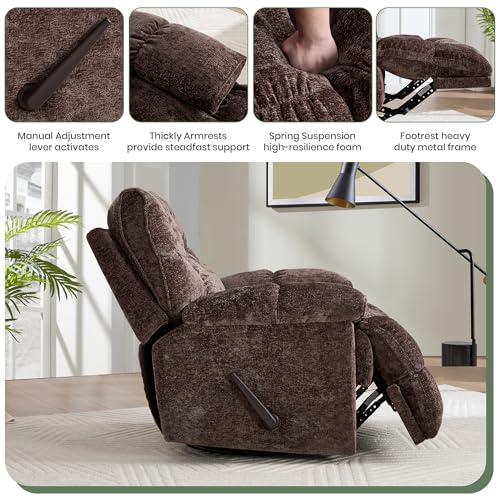 VIKAYAMICS Oversized Rocker Recliner Chair 42” Power Swivel Recliner for Living Room Overstuffed Extra Wide Rocking Recliners with Breathable Soft Fabric Up to 400lbs(Manual Brown)