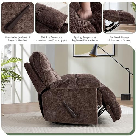 VIKAYAMICS Oversized Rocker Recliner Chair 42” Power Swivel Recliner for Living Room Overstuffed Extra Wide Rocking Recliners with Breathable Soft Fabric Up to 400lbs(Manual Brown) VIKAYAMICS