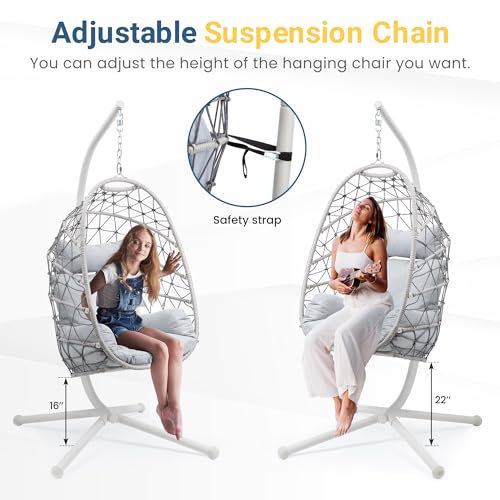 RoyalCraft Hanging Egg Chair Outdoor Swing Chair with Stand, Hammock Chair Indoor, Patio Boho Wicker Hanging Chair with Stand 350lbs Capacity for Garden, Balcony, Bedroom, Beige & Gray RoyalCraft