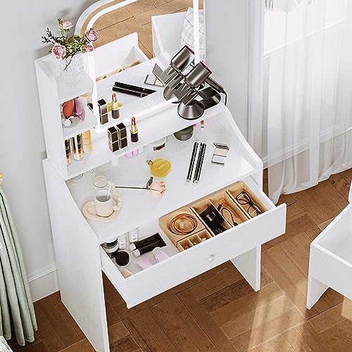 LIKIMIO Small Makeup Vanity Desk with Mirror and Lights, Vanity Table Set with Storage Drawer & Chair & 3 Shelves, Bedroom, White - WoodArtSupply