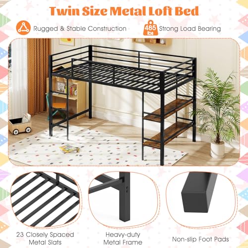 Giantex Low Loft Bed Twin Size, Heavy Duty Metal Frame w/Storage Shelves, Ladder & Full-Length Guardrails, Ample Under-Bed Space, Kids Loft Bed with Stairs for Boys Girls Junior, No Box Spring Needed Giantex
