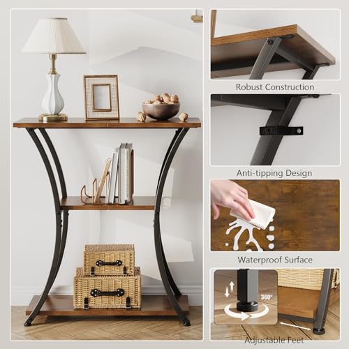 Trironsun Rustic 3-Tier Console Table with Open Shelves Narrow Entryway Table with Curved Metal Frame Slim Sofa Table for Hallway Living Room or Foyer (Rustic Brown) Trironsun