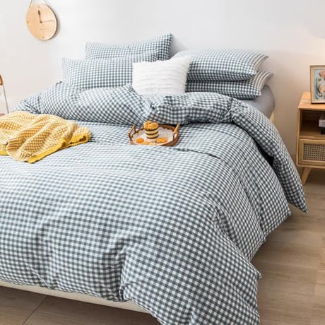 mixinni Blue Gingham Comforter Set King, Plaid Comforter Set 3 Pieces 1 Blue Grid Comfoter with 2 Pillow Cases for All Seasons, Soft Fluffy Modern Grid Pattern Printed Bedding-King Size mixinni