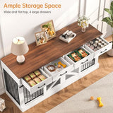 SELOOYE Dog Crate Furniture for 2 Dogs 71'' Extra Large Wooden Double Dog Crate TV Stand with Removable Divider, Multi-Functional Dog Cage with 4 Storage Drawers & 4 Doors for Large & Medium Dogs SELOOYE