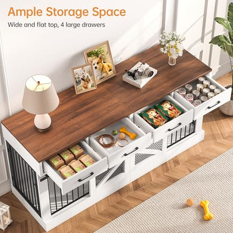 SELOOYE Dog Crate Furniture for 2 Dogs 71'' Extra Large Wooden Double Dog Crate TV Stand with Removable Divider, Multi-Functional Dog Cage with 4 Storage Drawers & 4 Doors for Large & Medium Dogs SELOOYE