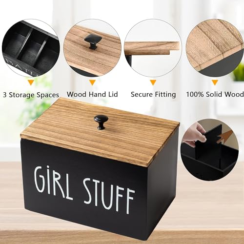 Tampon Holder for Bathroom, Farmhouse Pad Orgainzier Container, Rustic Wood Bathroom Storage Bin with Lid, Movable Partition Feminine Product Organizer, Tampon Storage Container (Black&Wood Lid)