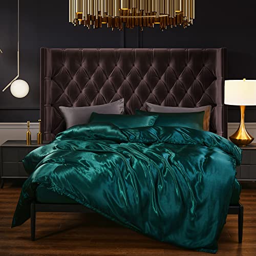 Ydtwnyq Satin Duvet Cover Set 3 Pieces Luxury Dark Green Silk Duvet Cover Super Soft Silky Bedding Set Twin Size 68"x90"inchs with 2 Pillowcases Ydtwnyq