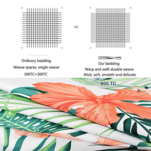 FADFAY Tropical Red Hibiscus Palm Leaves Duvet Cover Set Super Soft Summer Bedding 100% Cotton Soft with Hidden Zipper Closure Queen Size 3-Pieces FADFAY