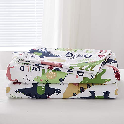 Joyreap 4 Piece Toddler Bedding Set, Dinosaur Theme Printed on White, Standard Size Includes Quilted Comforter, Fitted Sheet, Top Sheet, and Pillow Case for Boys n Girls Joyreap