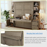 MERITLINE Queen Murphy Bed with Desk & Storage Shelves & Cabinets, Convertible Hidden Wall Bed with Lights and Drawers - Space-Saving Home Office Solution (Gray) MERITLINE