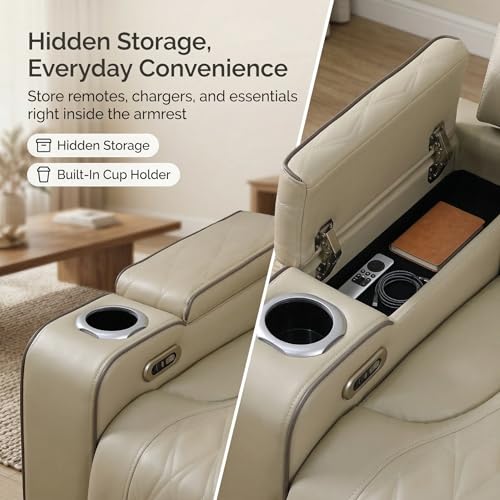 GzhAyyQ Power Reclining Sectional Sofa, Beige Breathing Leather Recliner Couch with LED Light, Cup Holders, Storage Console, Wireless Charging, USB & Type-C for Living Room Home Theater