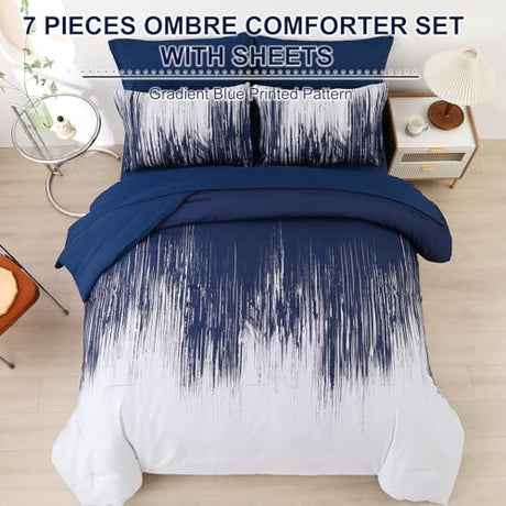 Dinjoy Ombre Blue Comforter Set King Size Gradient Navy Blue White Boho Bedding Set for Teen Men Women 7 Pieces Bed in A Bag Bohemian Bed Set with Comforter, Sheets, Pillowcases & Shams Dinjoy