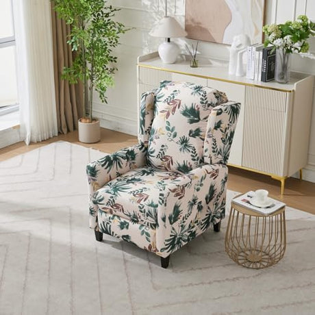 KISSLIVE Push Back Recliner Chair with High Back, Blue Floral Print Fabric Upholstery, Classic Wing Back Design, 250 LBS Capacity (Beige) KISSLIVE