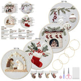 WKALXJ 4 Sets Embroidery Kits for Beginners Adults, Cross Stitch Kits, Needlepoint Kits with Instruction, Video, Needle Point Kits with Holly Fireplace Stocking Nativity Patterns (Christmas A)