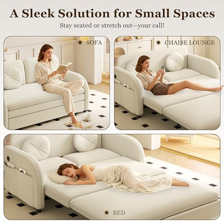 LuxyHoom 65.4'' Pull Out Couch Bed Queen Size, Chenille Sleeper Sofa Daybed, 3 in 1 Convertible Couches, Futon Sofa with 2 Pillows, Storage Pockets, USB, Loveseat for Small Spaces, Living Room, Beige LuxyHoom