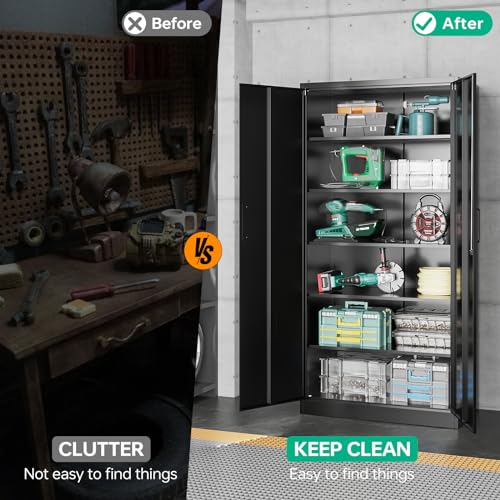 NODHM Metal Storage Cabinets with Lock, 71" Garage Storage Cabinet with 2 Door and 5 Adjustable Shelves, Steel Lockable Tool Cabinets for Home, Office, Gym, Garage NODHM