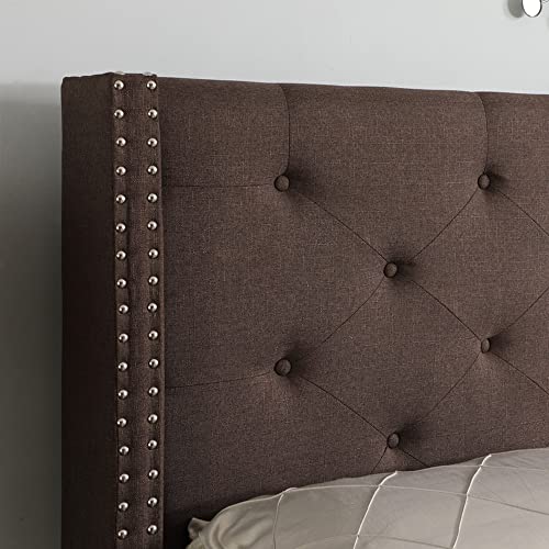 Full Upholstered Platform Bed Frame with 51" Tall Headboard - Button Tufted Cloth Bed - Wood Slat Support with Storage Space - No Box Spring Needed - Easy Assembly - Brown - Oliver & Smith - Astor OLIVER & SMITH SINCE 1921