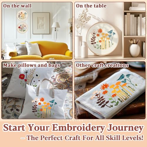RAINFLOW Embroidery Kit for Beginners 3 Sets Stamped Cross Stitch Kits,Needle Point Kits Adults Beginner with Stamped Easy Flowers Plant Patterns,DIY Needlework Mothers Day Gifts for Adults Women