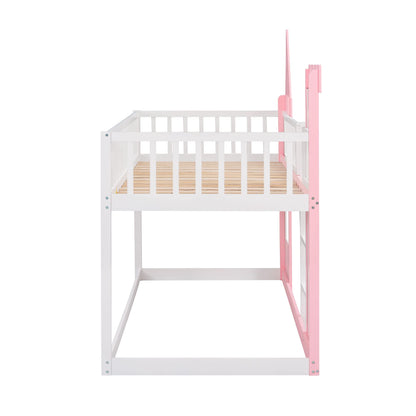 Harper & Bright Designs Low Bunk Bed Twin Over Twin, Wooden Bunk Bed Frame for Kids Girls Boys, Castle Shape Design (Pink)