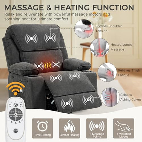 Power Recliner with Rocking, Swivel & Glider - Nursery Chair with One-Touch Button, Vibrating Massage & Heat, USB Charging Ports, Perfect for Nursery, Living Room, or Bedroom Relaxation, Dark Gray BRTHORY