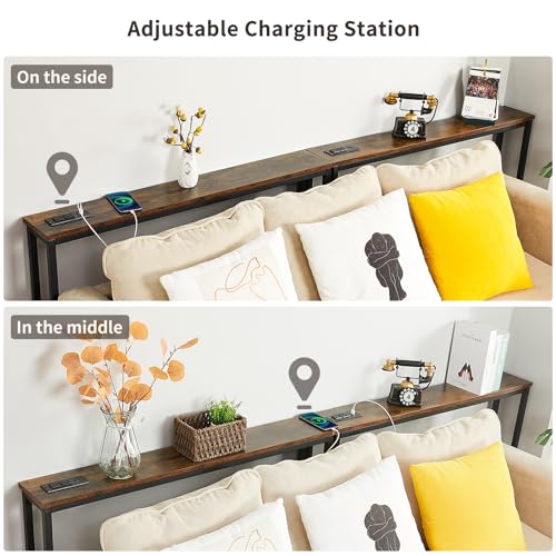 ELYKEN 5.9" Narrow Console Sofa Table with Power Outlets and USB Port, 5.9" Dx39.4 Wx31.1 H Long Behind Couch Table with Metal Frame and 6.5’ Extension Cord, Rustic Brown ELYKEN