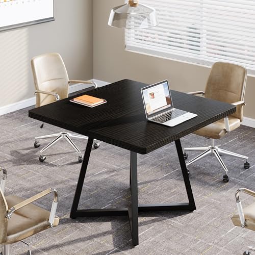 Tribesigns 31.5" Square Conference Table, Industrial Office Meeting Table for 4 People, Business Podcast Furniture with Metal Base for Small Spaces, Office Conference, Black Tribesigns