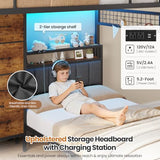 DICTAC Twin Over Twin Bunk Bed with 8 Storage Drawers and Led Lights Metal Bunk Beds with Storage Headboard and Charging Station,L-Shaped bunk Bed for Kids/Teen with Safety Guardrail and Ladder,Black DICTAC