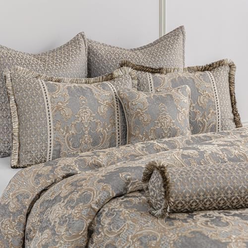Loom and Mill 9-Piece Jacquard Comforter Set King, Royal Elegant Damask Design Comforter Sets, Luxury Bedding Set with Bed Skirt, Euro Shams, Decorative Pillows, All Season(Gray+Beige Brown, King) Loom and Mill