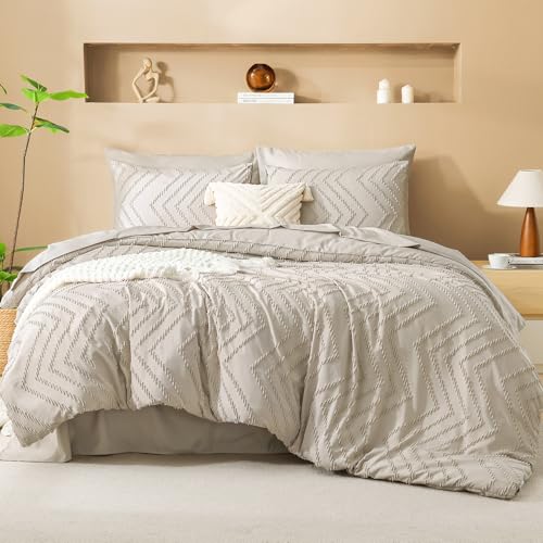 Litanika Queen Comforter Set with Sheets Beige - 7 Pieces Bed in a Bag Queen Chevron Tufted Complete Bedding Sets with Comforter, Sheets, Pillowcases & Shams Litanika