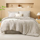 Litanika Queen Comforter Set with Sheets Beige - 7 Pieces Bed in a Bag Queen Chevron Tufted Complete Bedding Sets with Comforter, Sheets, Pillowcases & Shams Litanika