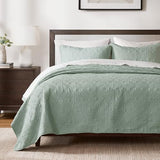 Madison Park Quebec Quilt Set - Luxurious Damask Stitching Design, Cotton Filled Lightweight Coverlet Bedspread Bedding, Shams, Full/Queen(90"x90"), Seafoam 3 Piece Madison Park