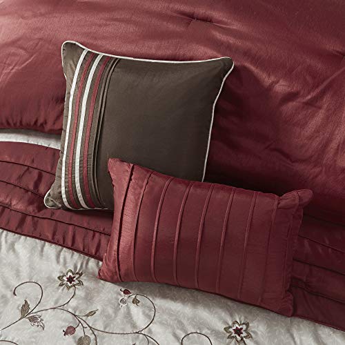 Madison Park Serene Faux Silk Comforter Set - Floral Embroidery Design, All Season Bedding Set, Matching Bed Skirt, Decorative Pillows, Red Cal King(104"x92") 7 Piece Madison Park
